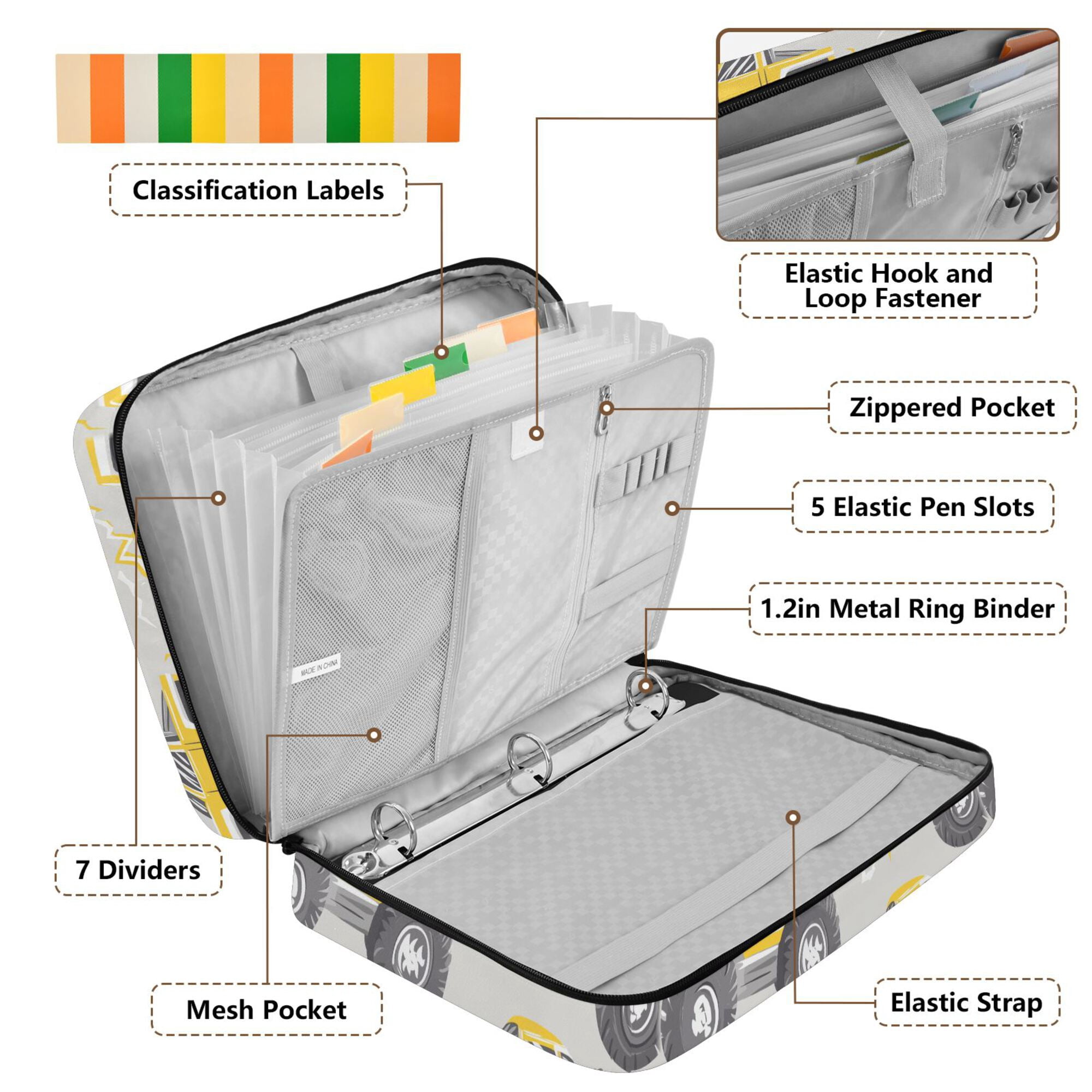 FORMRS Accordion File Folder A4 Size 7-Pocket Expanding Document Organizer Bag with 3 Ring Binder, Trucks Pattern