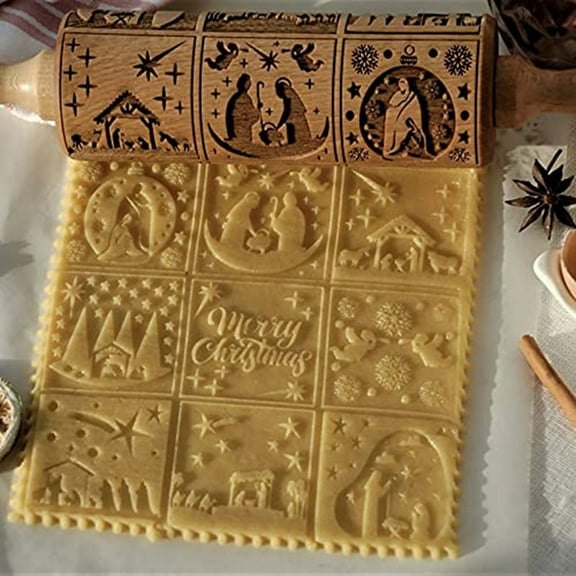 Nativity Rolling Pin Christmas Pattern Embossed Wooden 3D Springerle Pin Engraved Embossing with 9 Different for Baking