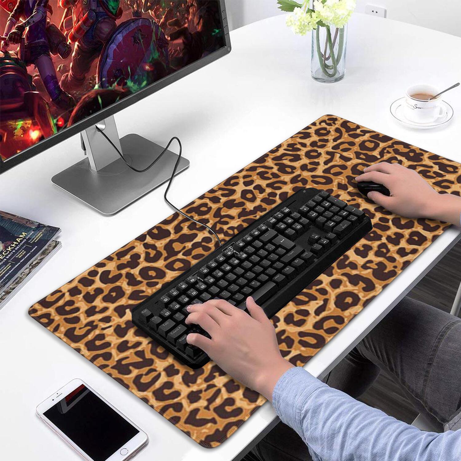 Long Mouse Pads for Desk,Brown and Black Leopard Print Desk Mats on Top Of Desks, Desk Mouse Pad Extra Large with 3mm Non-Slip Base and Stitched Edge for Gaming,Office,Work,Home 31.5"x15.7"