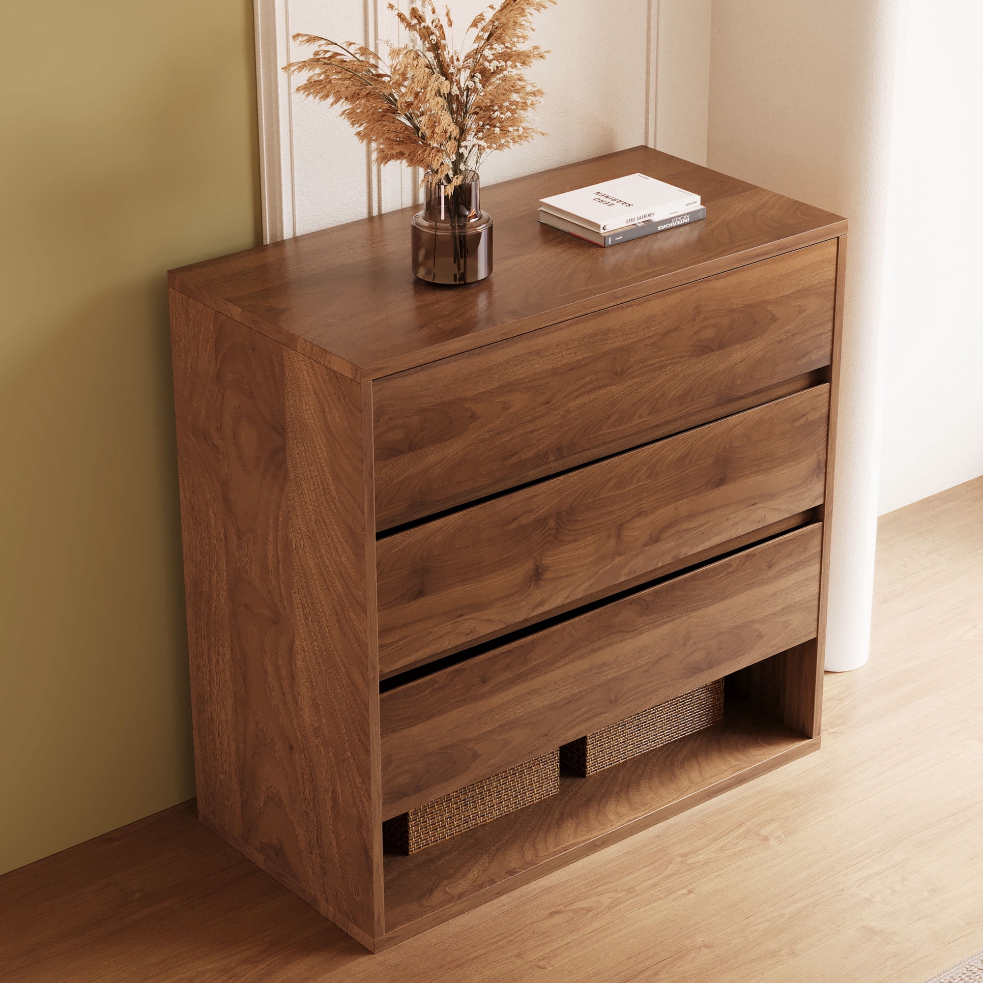 NessCarsti Natural Wood Three - Drawer Storage Cabinet with Shelves, Walnut Brown, 29.52"