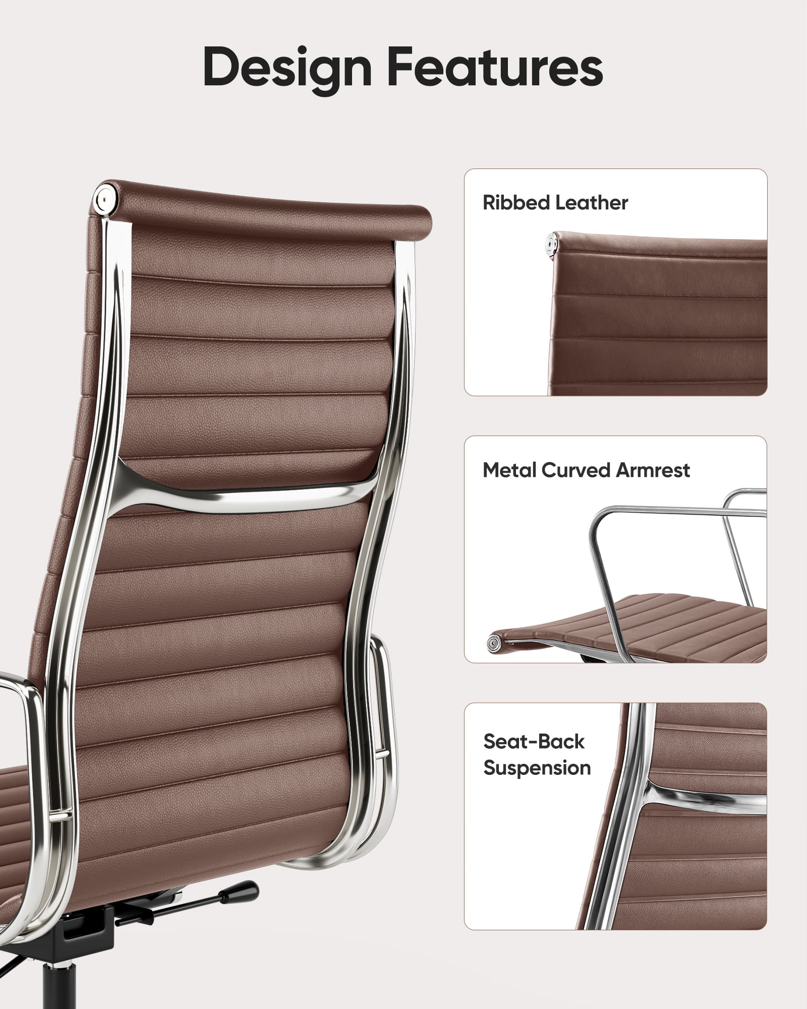 High-Back Ribbed Office Chair Adjustable Leather Computer Chair Ergonomic Lumbar Support,Swivel Desk Chair,Brown 1pc