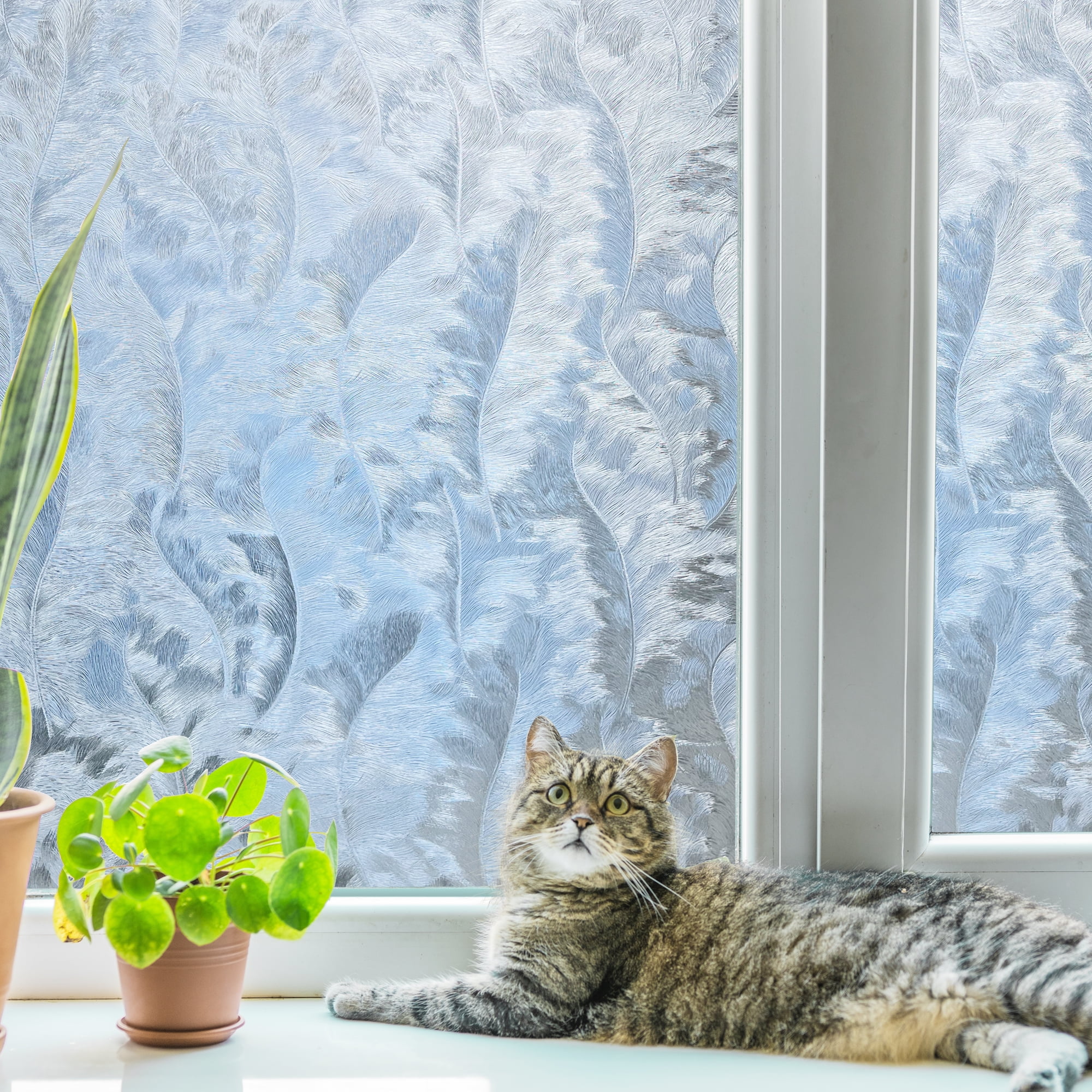 STATINT Decorative Window Privacy Film 23.6 in x 78.7 in Wavy Feather, Heat Blocking Static Cling Window Film for Home