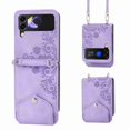 thumbnail image 1 of ELEHOLD for Samsung Galaxy Z Flip 4 Shoulder Crossbody Wallet Case with Card Slots, Floral Embossed PU Leather Wallet Flip Protective Kickstand Wrist Strap Cover, purple, 1 of 7