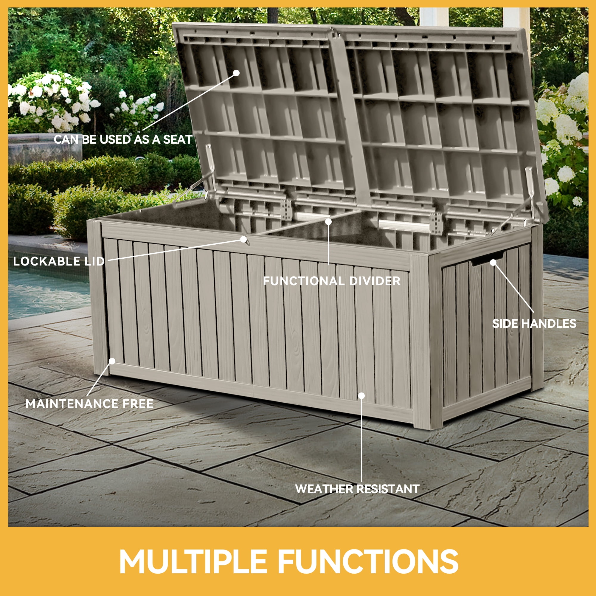 Uforic 150 Gallon Resin Deck Box,Outdoor Garden Storage Box with Built-in Divider, Waterproof and Lockable,Brown