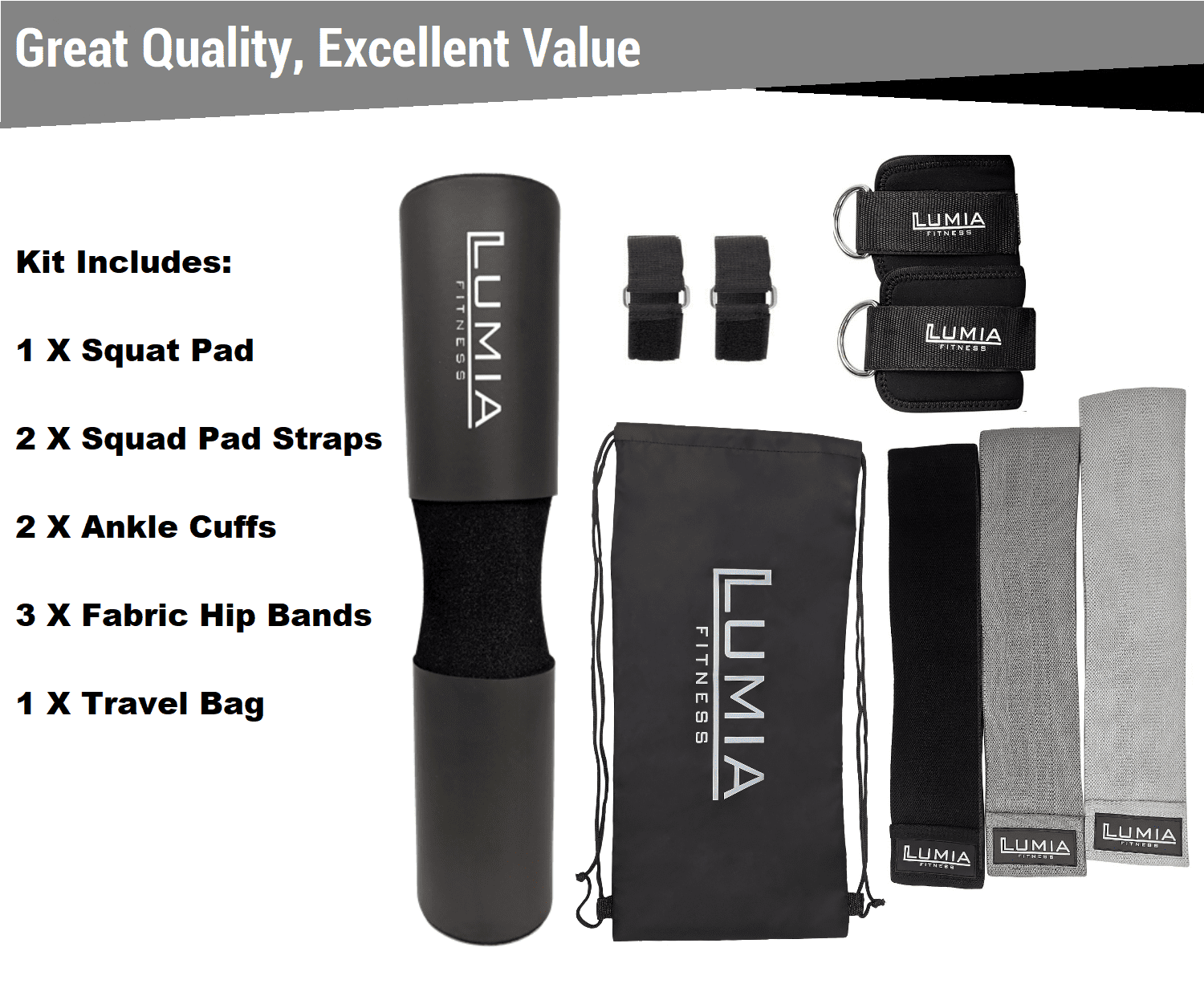 7 Piece Glute Workout Kit, Barbell Squat Pad, 3 Fabric Resistance Bands, 2 Ankle Straps, Carry Bag