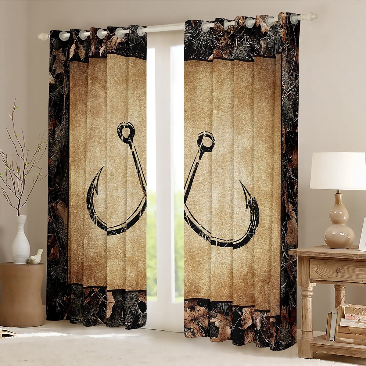 Camo Fish Hook Curtains & Drapes 38"Wx45"L Rustic Lake Fishing Window Curtains Gifts Men Fisherman,Farmhouse Cabin 30%-50% Blackout Curtains Retro Country Curtains 2 Panels