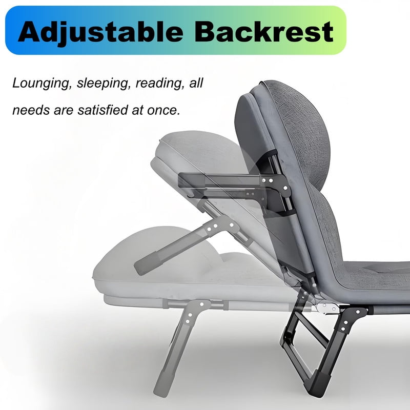 Heavy-Duty Folding Bed Frame with Adjustable Backrest, Portable Camping Cot, Indoor/Outdoor Daybed with Removable Pad