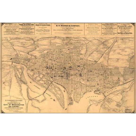 24"x36" Gallery Poster, birdseye view map of Washington d.c. 1886 P2