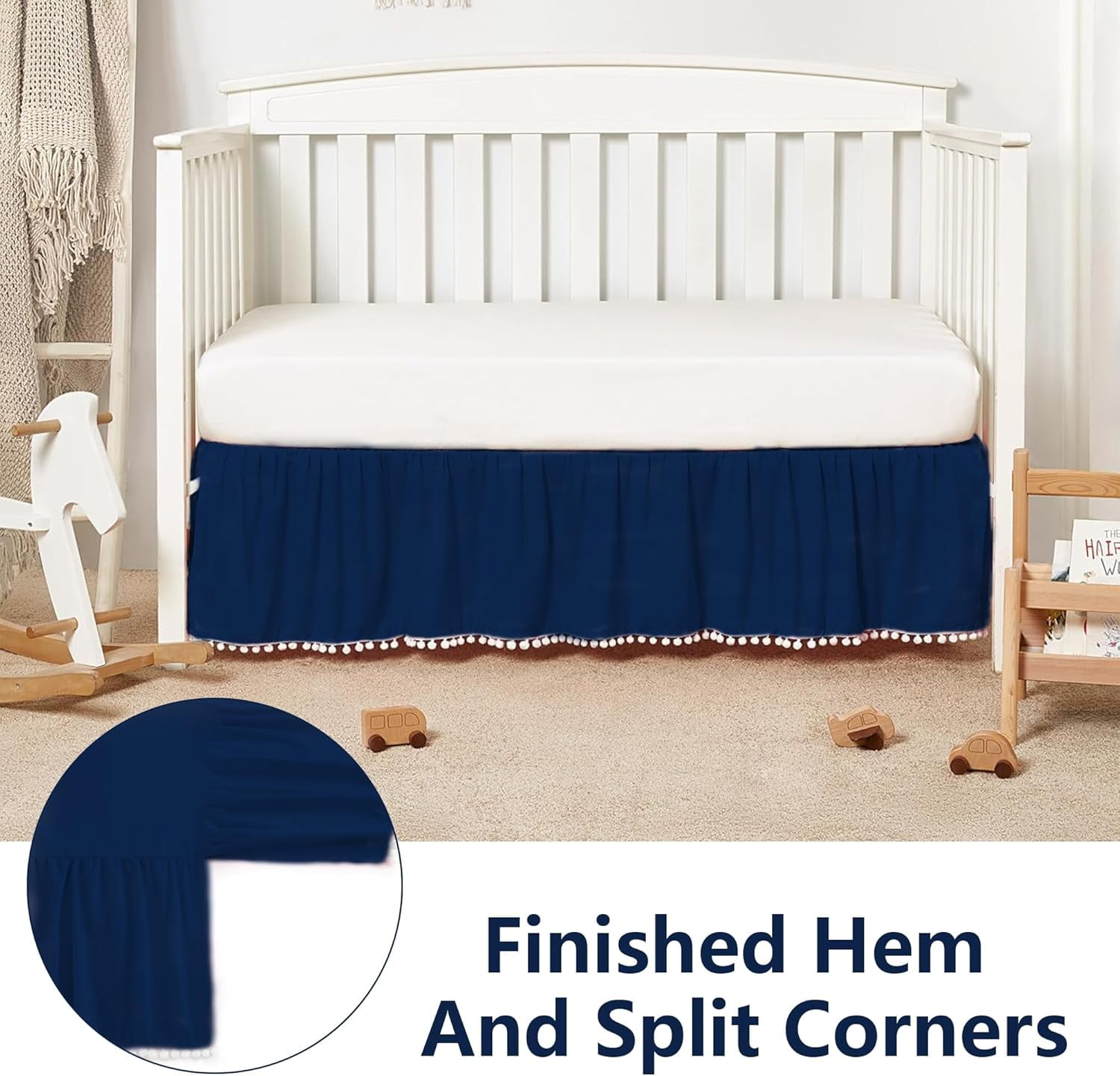 Ruffled Crib Skirt with Pompoms:Crib Bed Skirt with 14" Drop,Mini Crib Bedding Toddler Skirt,Baby Crib Accessories for Baby Boys Girls,28" X 52" (Dark Blue)