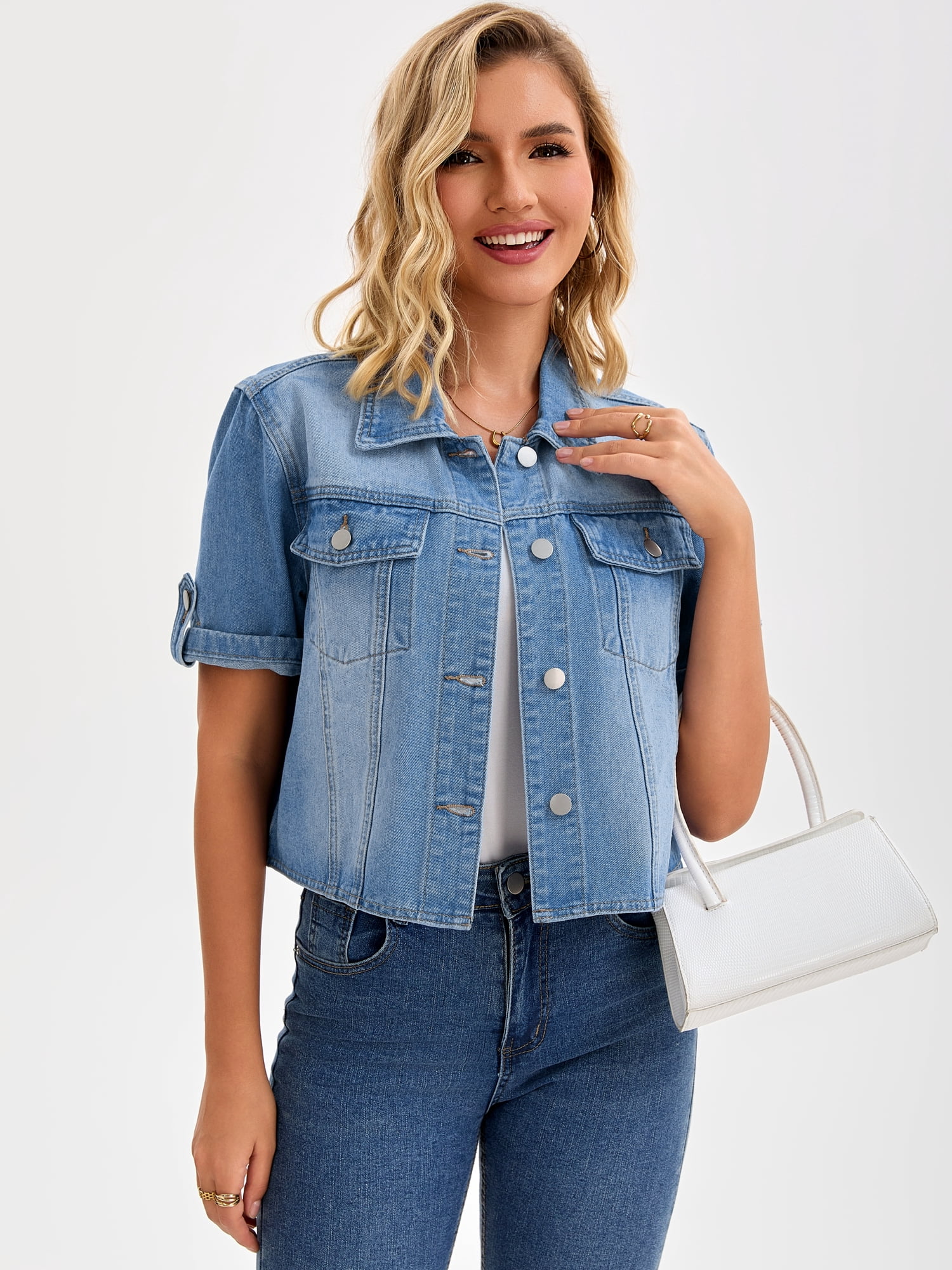 DARING DIVA Women's Short Sleeve Denim Collared Button Up Cropped Jean Jacket 2XL Blue