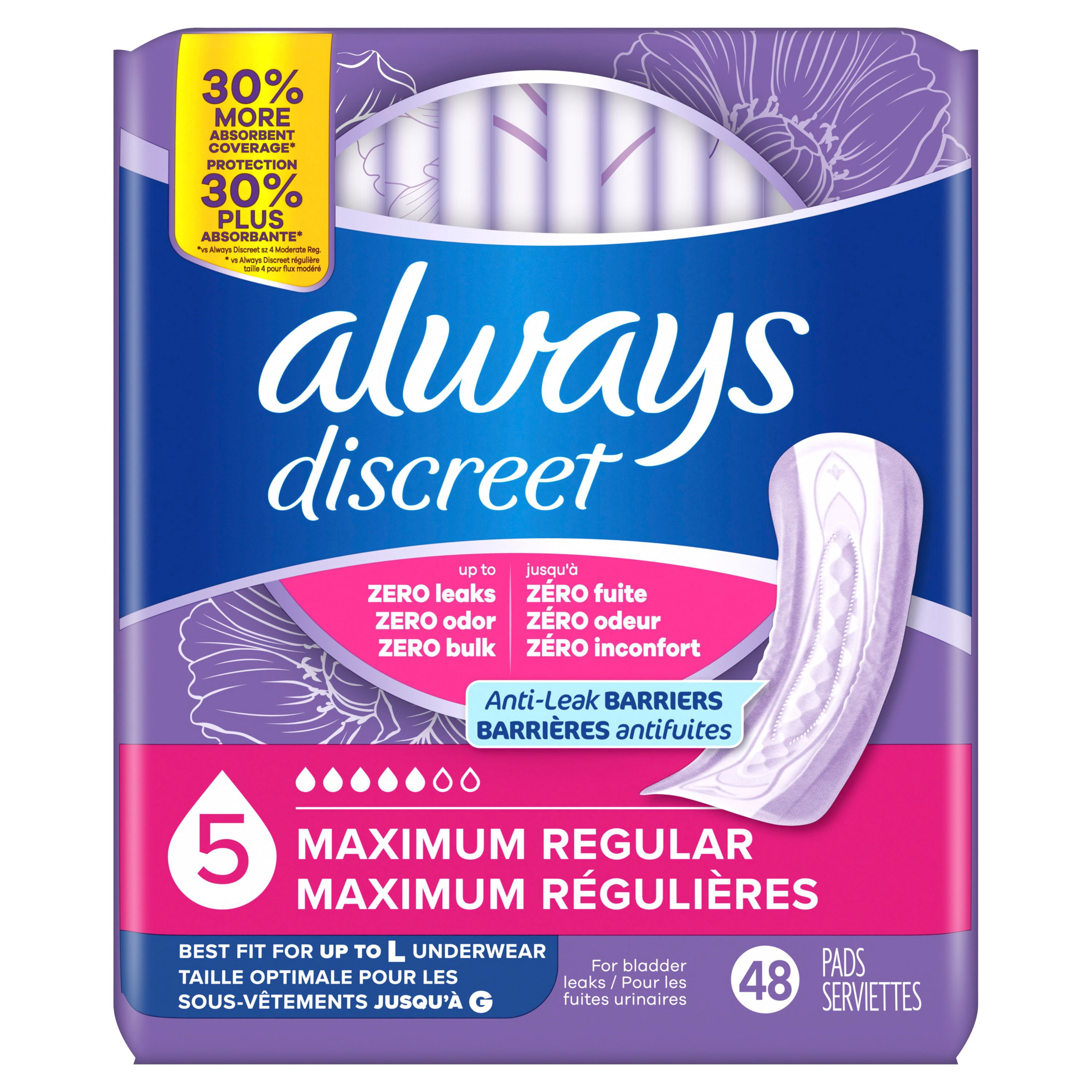 Always Discreet Adult Incontinence Pads for Women, Maximum Absorbency, Regular Length, Postpartum Pads, 48 Count