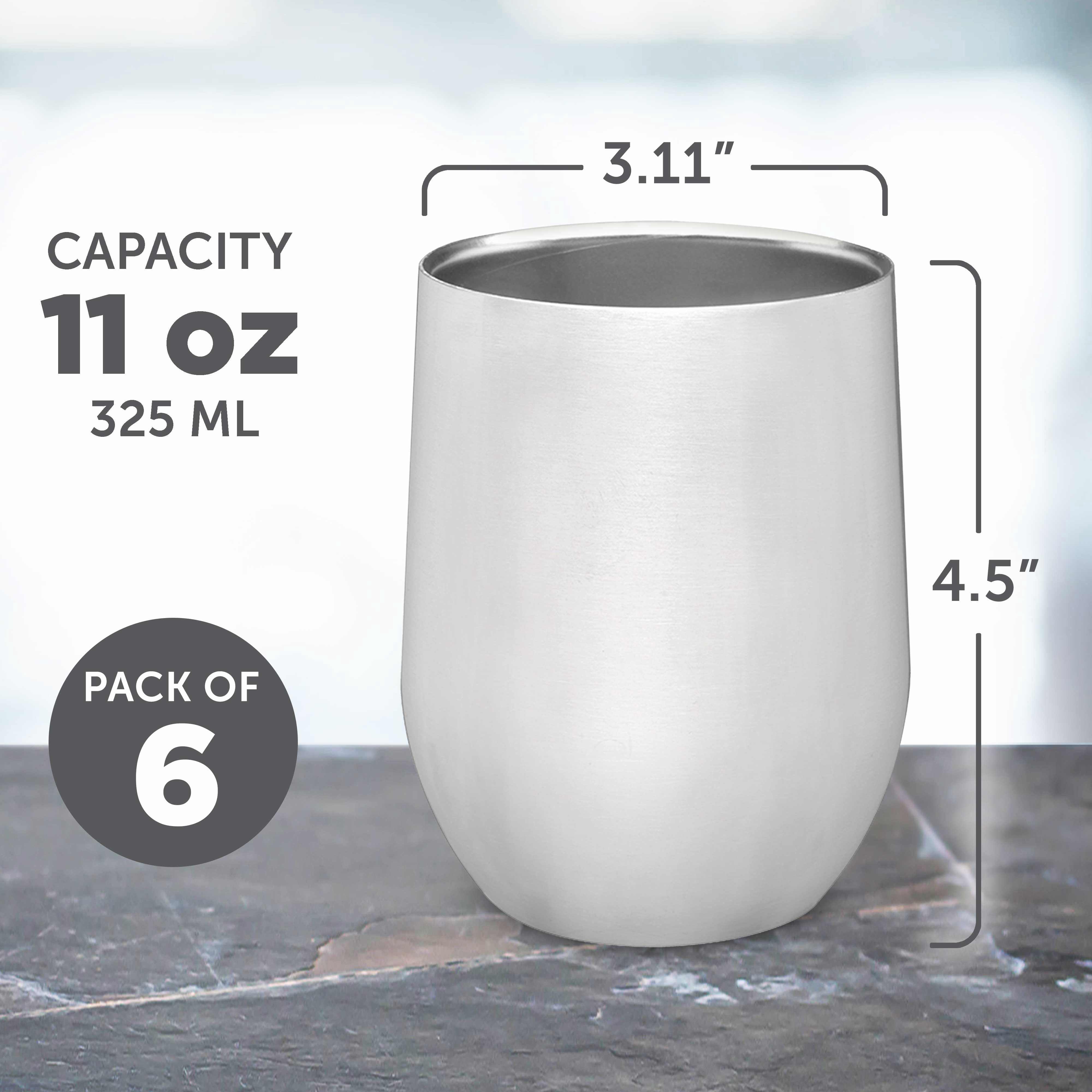 Stainless Steel Stemless Wine Glasses 11 oz. Set of 6, Bulk Pack - Perfect for Wine, Cocktails, Other Hot & Cold Beverages - Silver