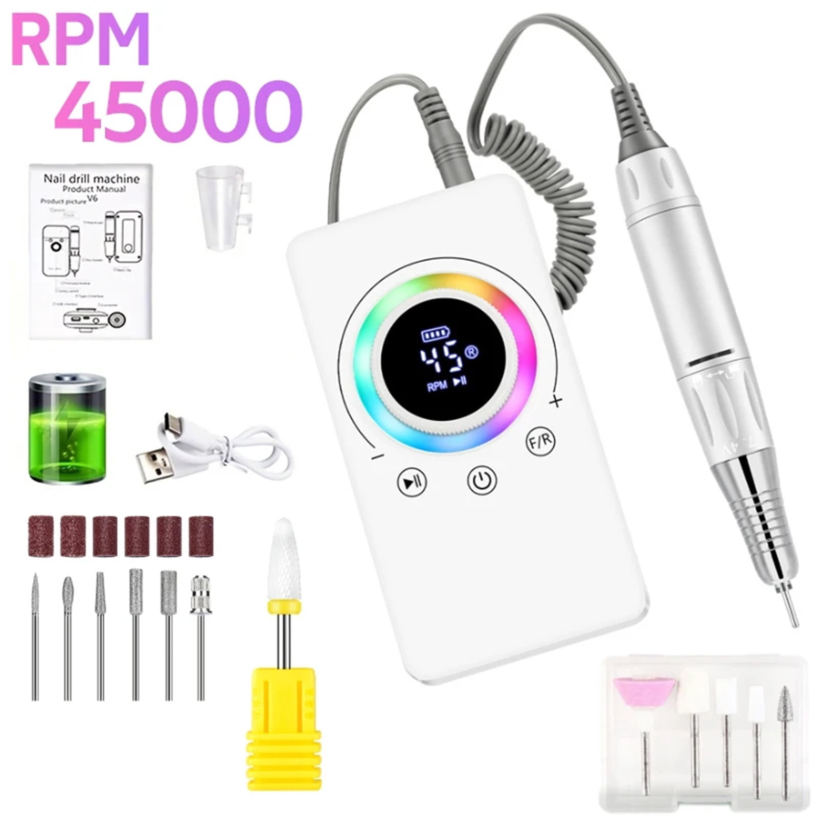 45000RPM Nail Drill Machine Nail Polisher USB Charging Electric Manicure Sander Low Noise Nail Salon Tools