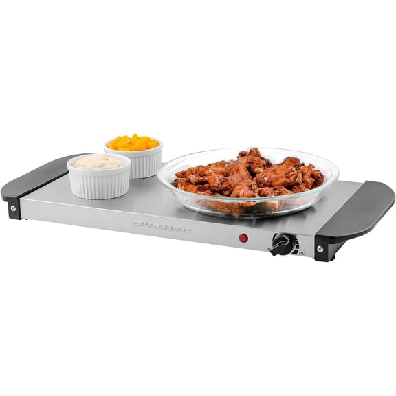 OVENTE Electric Warming Tray with Adjustable Temperature Control, Compact Food Warmer & Server for Buffets, Parties, Events, and Dinners, Cool-Touch Handles, Stainless Steel, Silver FW170S