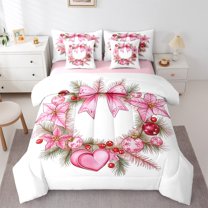 jejeloiu Bowtie Christmas Wreath 7-Piece Twin Bedding Sets,Pink Heart Print Bedding Comforter Set,Red Berry Pink Leaf Sheet Sets For Princess,Ultra Soft Home Decor Reversible