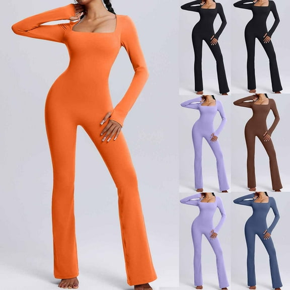 Olyvenn Long Sleeve Jumpsuits for Women Ribbed Long Sleeve Yoga Bell Bottoms Flare Jumpsuits Ribbed Exercise Tight Yoga Jumpsuit Black 10