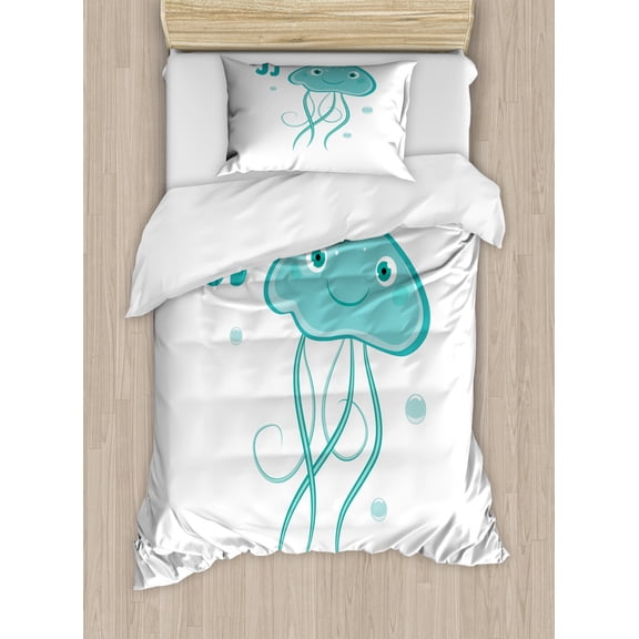 Jellyfish Duvet Cover Set Twin Size, Funny Alphabet Learning Illustration of Letter J Cartoon Animal, Decorative 2 Piece Bedding Set with 1 Pillow Sham, Seafoam Dark Seafoam White, by Ambesonne