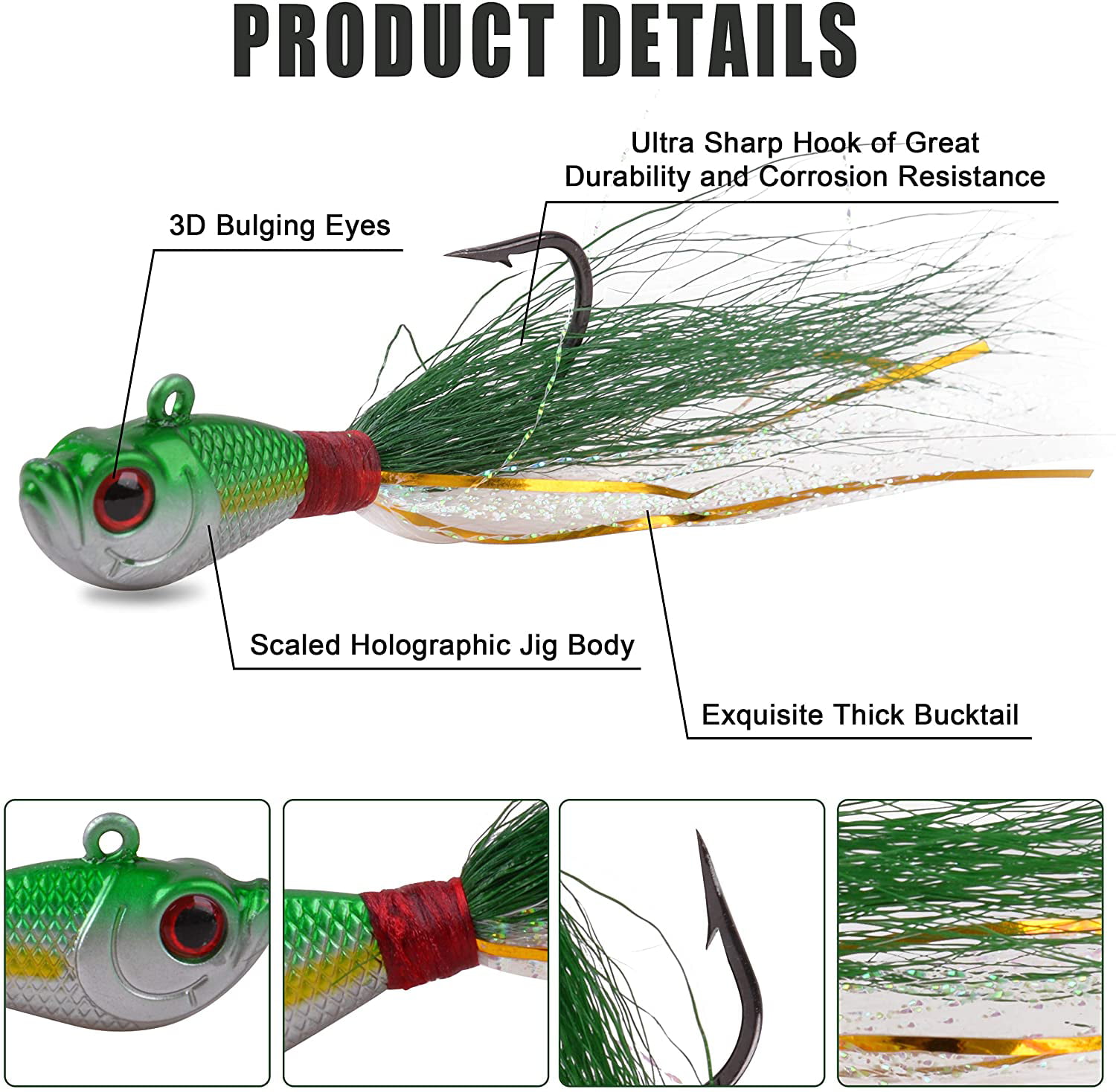 5pcs Bucktail Jig Saltwater Fishing Lures Fluke Fishing Lure Assorted Kit  Bass Lifelike Head Jig Fishing Lure with Buck Tail Jig for Bass Walleye
