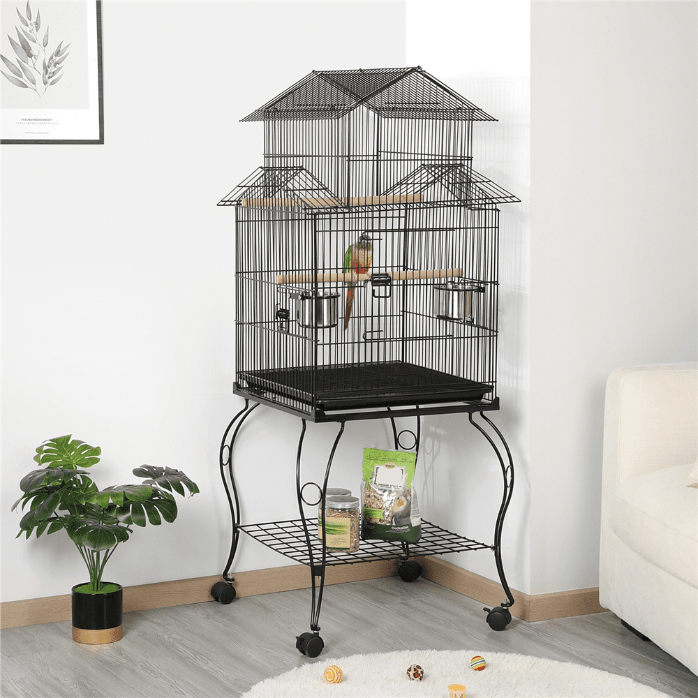 Renwick 55'' Metal Rolling Bird Cage With Stand, Black