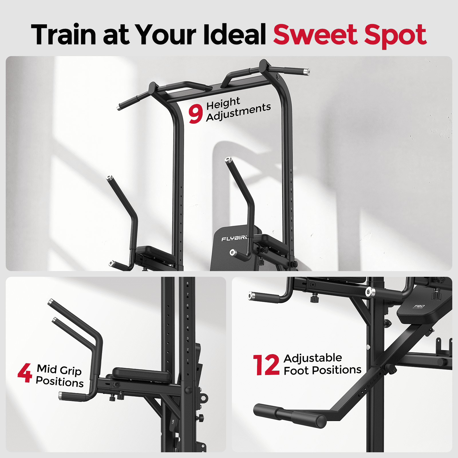 FED Fitness Sportsroyals Power Tower Pull Up Bar Station, Heavy Duty Dip Station with Adjustable Height, Multi-Function Pull Up Station for Home Gym Strength & Ab Workout, 800 LBS Capacity