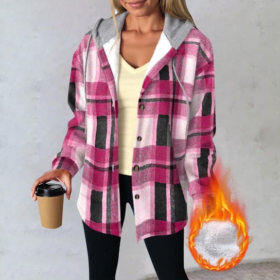 Guieoi Plus Size Jackets for Women Women's Casual Fashion Plaid Flannel Hooded Long Sleeve Buttoned Hooded Thick Sweatshirt Coat Fleece Top Pink
