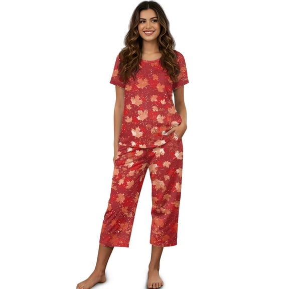 DISNIMO Maple Leaves Printed Womens Pajama Sets Soft Sleepwear 2 Piece Lounge Set Short Sleeve Tops and Capri Pant Pjs for Summer, S