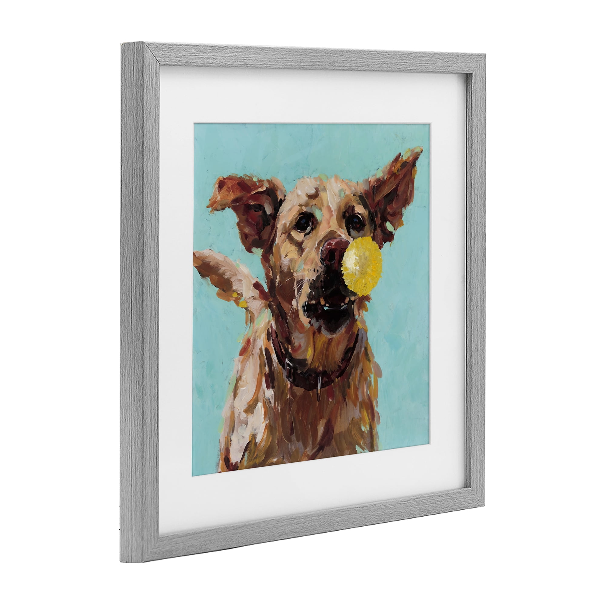 Dog Playing with Ball Gray Framed Print Under Glass, design by Studio Bautista