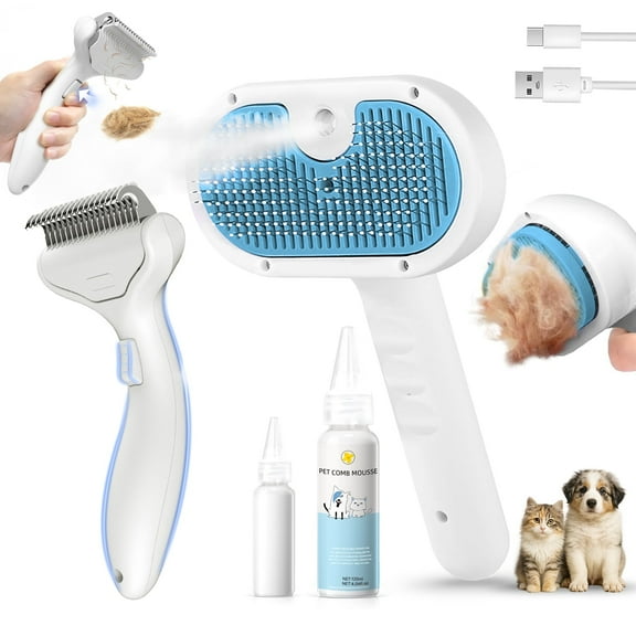Pet Steam Brush for Dog & Cat - 3-in-1 Steam Grooming Slicker Brush & Undercoat Rake for Shedding - Self Cleaning Spray Comb with Mist for Long & Short Haired Pets - Includes Waterless Shampoo, Blue