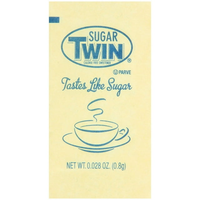 Sugartwin Sugar Substitute Yellow 1000 Pc's, a calorie-free sweetener by Sugar Twin. The image shows a single yellow packet with blue text reading 'Sugar Twin' and 'Tastes Like Sugar,' along with a steaming cup illustration. Net weight is 0.028 oz (0.8g).