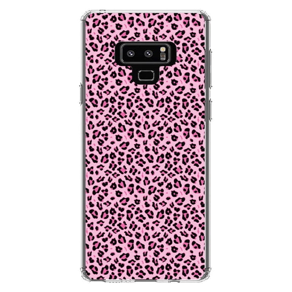 DistinctInk Clear Shockproof Hybrid Case for Samsung Galaxy Note 9 - TPU Bumper, Acrylic Back, Tempered Glass Screen Protector - Black Pink Leopard Skin Spots