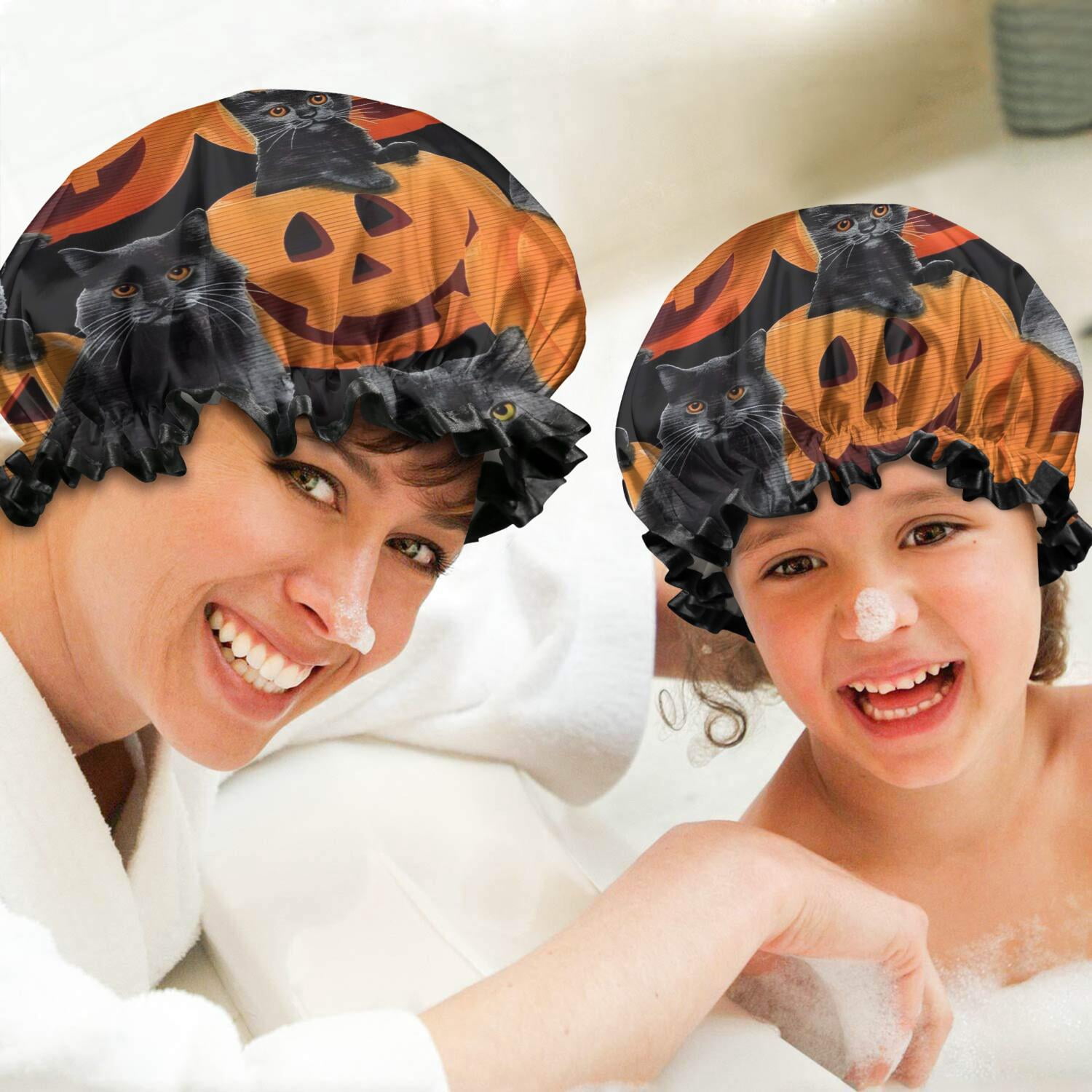Shower Caps,Halloween Black Cats and Pumpkins Pattern Waterproof Shower Cap for Women 4 Pieces,Double Reusable Hair Cover for Shower PEVA Elastic Stretch Hem