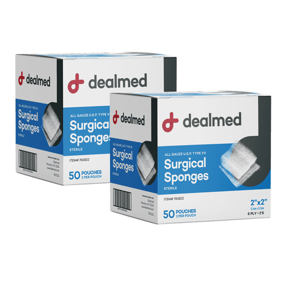 Dealmed 2" x 2" Surgical Sponges | Sterile All Gauze 8-Ply Pads | 2 Sponges Per Pouch | 50 Pouches Per Box (2 Pack)