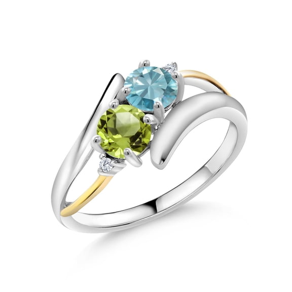 Gem Stone King 1.42 Ct Round Blue Zircon Green Peridot 925 Silver and 10K Yellow Gold Ring (Size 8)