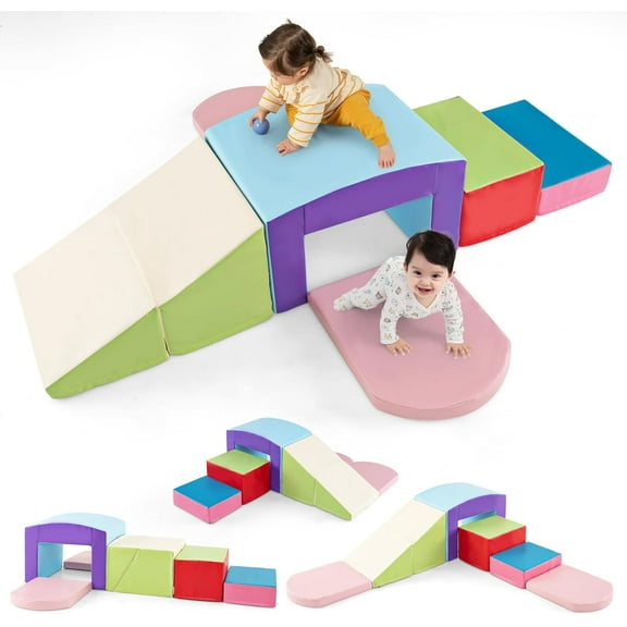 OLAKIDS Climbing Toys for Toddlers, 7 Piece Indoor Baby Foam Blocks Soft Play Set with PU Leather, Kids Climb and Crawl Sliding Activity Structure Gym Playground Climber