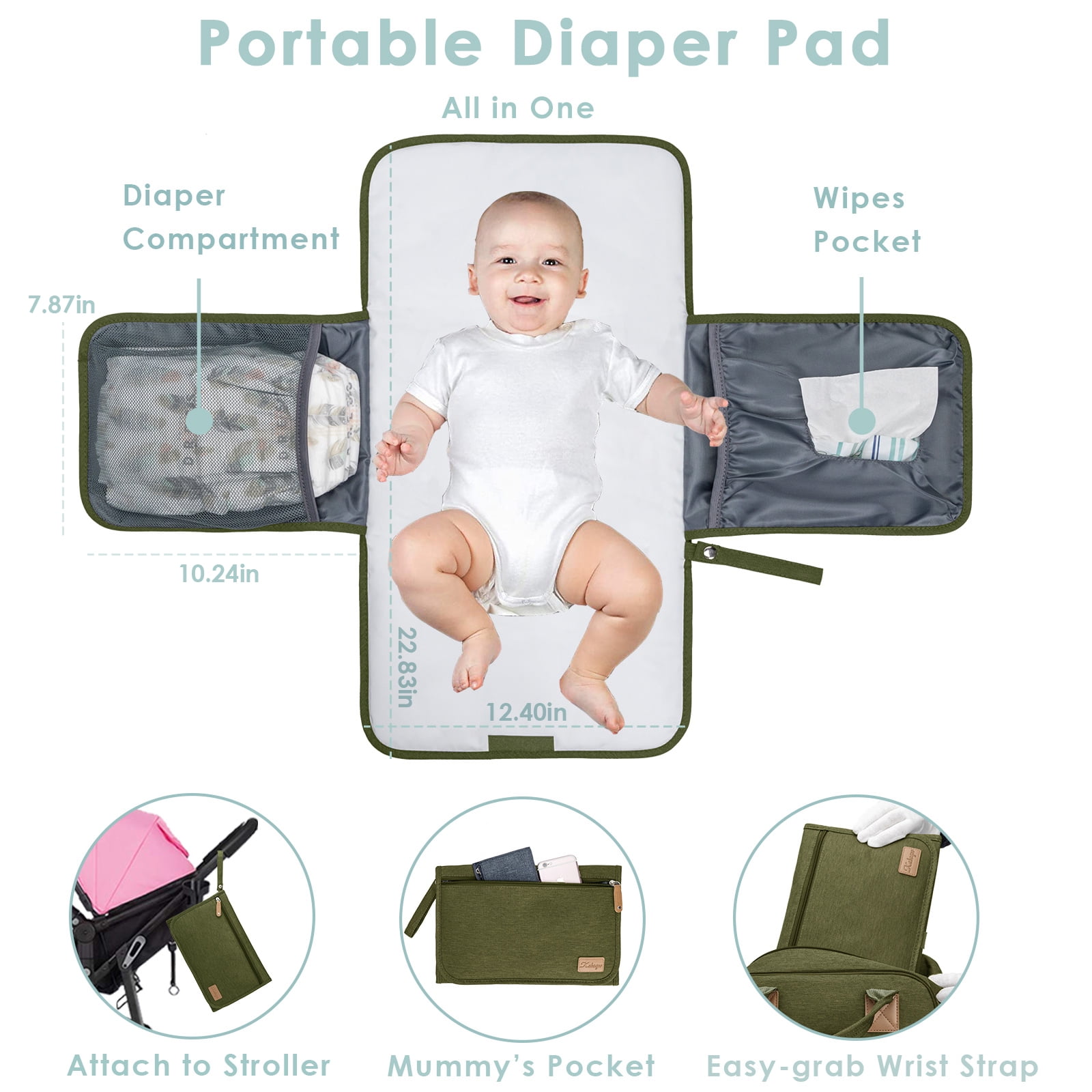 Kabaqoo Diaper Bag Backpack with Insulated Milk Bottle Pocket, Large Baby Diaper Bag for Travel, Green