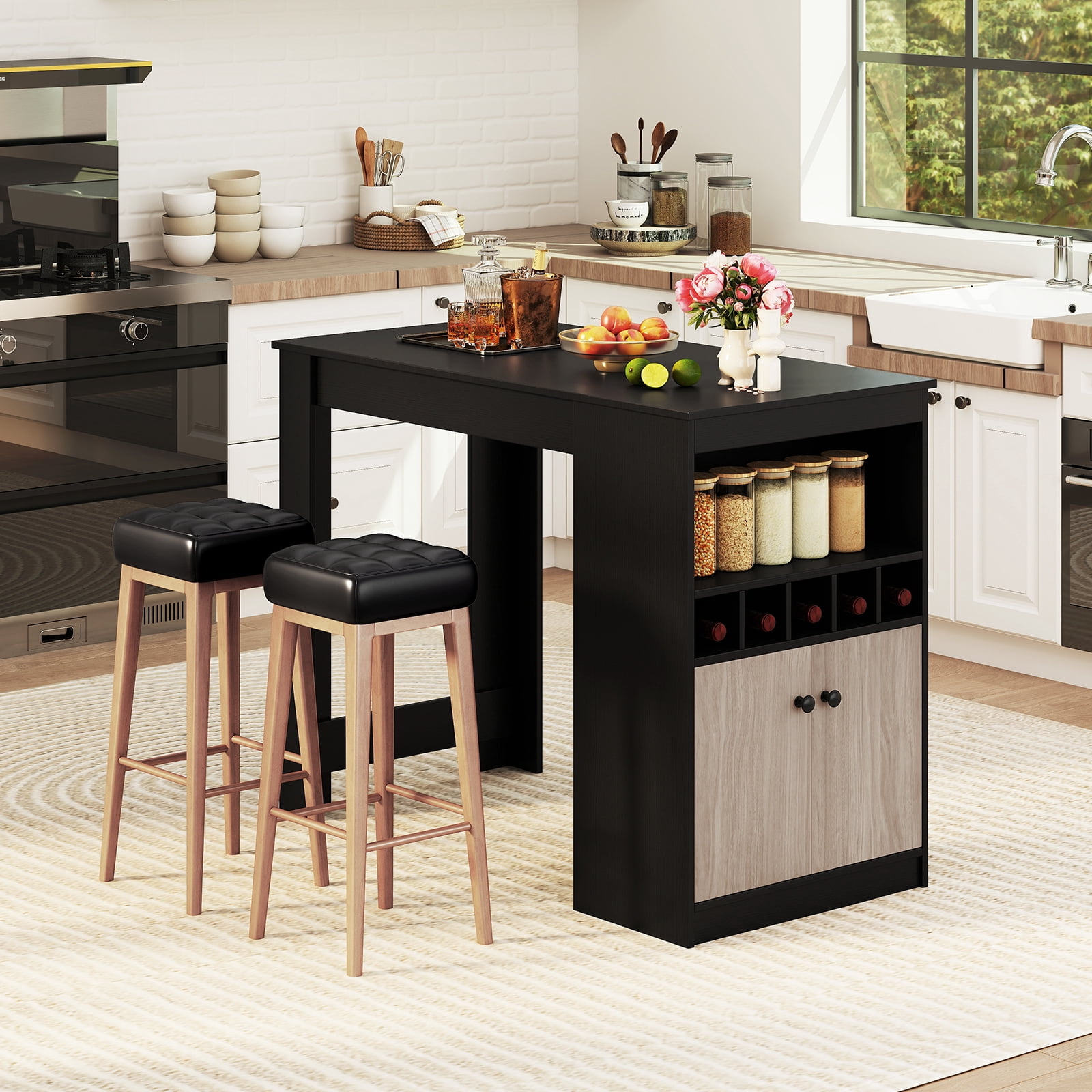 Gymax 48'' Bar Table w/ Storage Cabinet & Wine Rack Adjustable Shelf Wine Rack