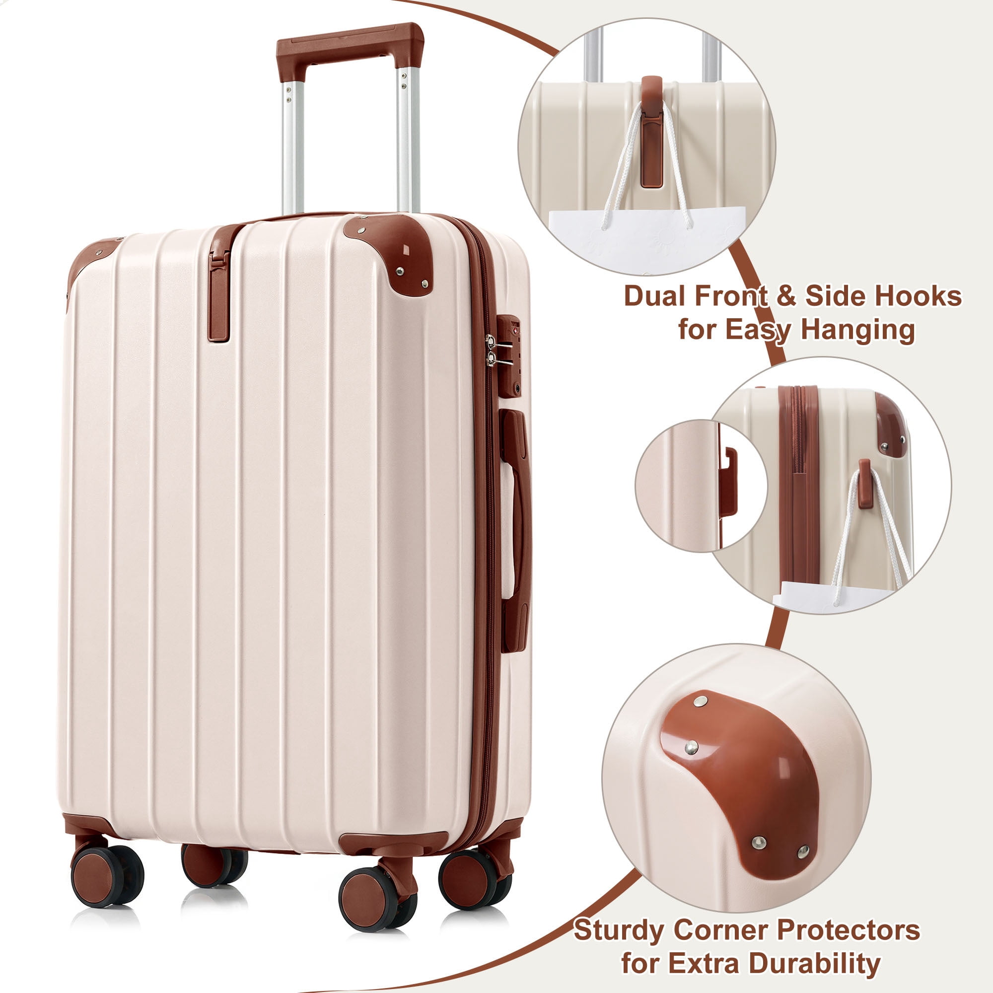 Euroco 3 Piece Luggage Sets, Lightweight Durable Hardshell Suitcase set with 360° Spinner Wheels,TSA Lock & Side Hooks,Large Checked Travel Suitcase for Family,Ivory