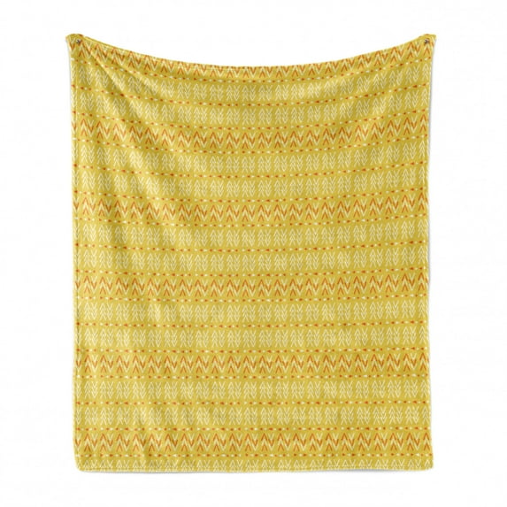 Orange Soft Flannel Fleece Blanket, Aztec Culture Geometric Traditional Abstract Folk Triangles Pattern, Cozy Plush for Indoor and Outdoor Use, 70" x 90", Mustard Vermilion and White, by Ambesonne