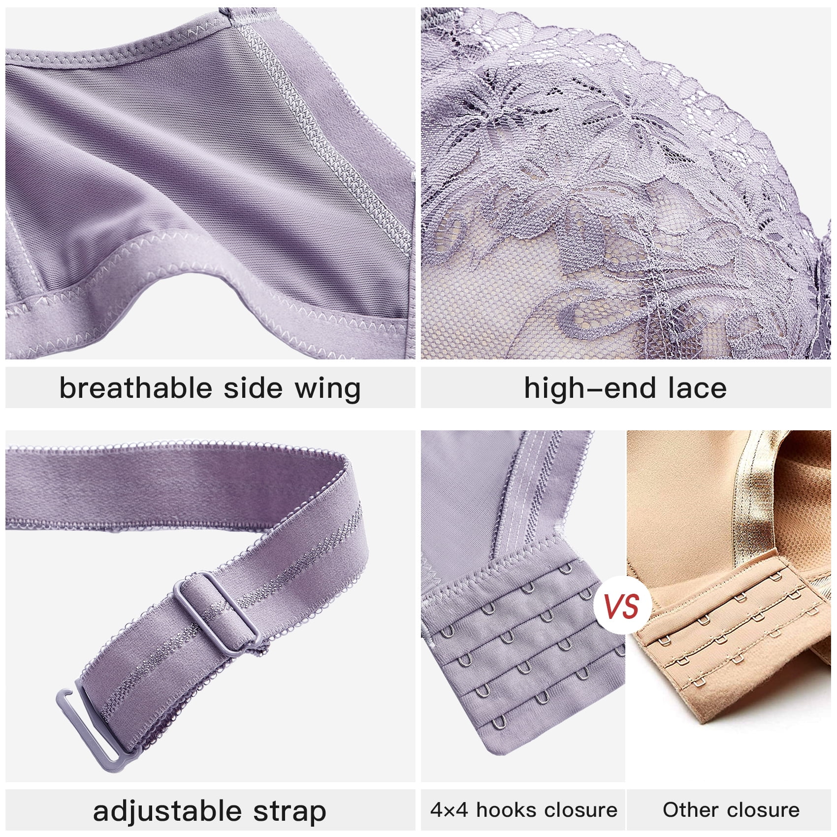AILIVIN Women Wireless Bras Comfort Back Support Women Full Figure Lace Bra Women Bras Adjustable Wider Straps Full Coverage Lifting Up Bra Minimizer Bras No Wire Bra Purple 38D