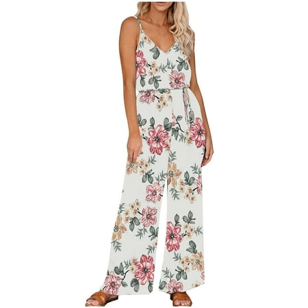 

Womens Casual Sleeveless Spaghetti Strap Wide Leg Pants Jumpsuit Rompers Floral Print V Neck Long Pants Bodysuits