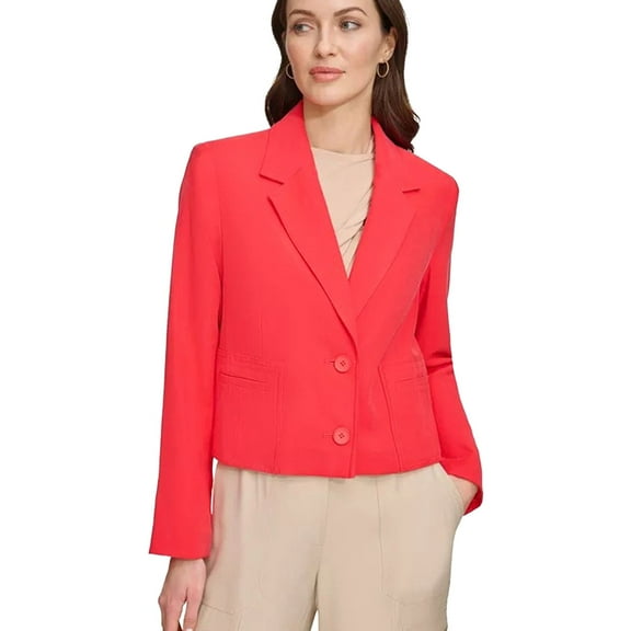 DKNY Womens Cropped Two Button Blazer Jacket, Red, Small
