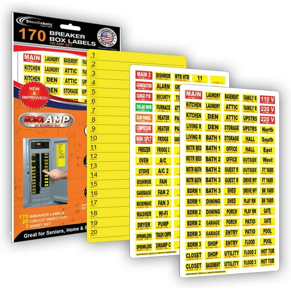 170 Circuit Breaker Decals - 100 AMP Set - Vinyl Labels for Breaker Panel Boxes - for Home or Office, Apartments and Electricians - Place on Directory, Switch or Fuse - Bright 鈥淓asy Read鈥?Color