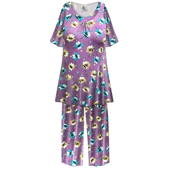 Plus Size Women’s Short Sleeve Sleepwear with Long Pants Soft Loungewear Lavender Essence Floral Print Pajama Set Extra Tall Extra Large