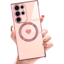 for Samsung Galaxy S23 Ultra Magnetic Phone Case Luxury Plating Cute Love Heart [Compatible with Magsafe] Slim Fit Shockproof Full Body Protective Case for Women Girls-Pink