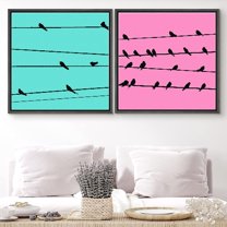 PixonSign Framed Wall Art Print Set Birds on Teal and Pink Backgrounds Nature Wilderness Digital Art Modern Art Chic Group Colorful Multicolor Ultra for Living Room, Bedroom, Office - 24"x24"x2 Black