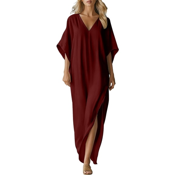 jtjvou Cotton Linen Dress for Women Summer Short Sleeve V Neck Plus Size Maxi Dress Casual Flowy Loose Long Vacation Beach Dresses Red S