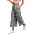 thumbnail image 4 of Costeam Womens Gingham Plaid Elastic High Waist Cropped Wide Leg Capri Pants Dual Side Inset Hand Pockets Soft Lightweight Knit Loose Fit Summer Casual Trousers, 4 of 6