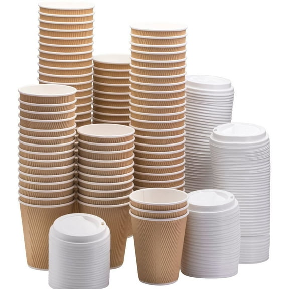 NYHI Set of 100 Brown Disposable Paper Cups with White Lids 16-oz Ripple Insulated Kraft for Hot Drinks - Tea & Coffee Triple Layer Design Eco- Friendly, Recyclable, Durable Paper