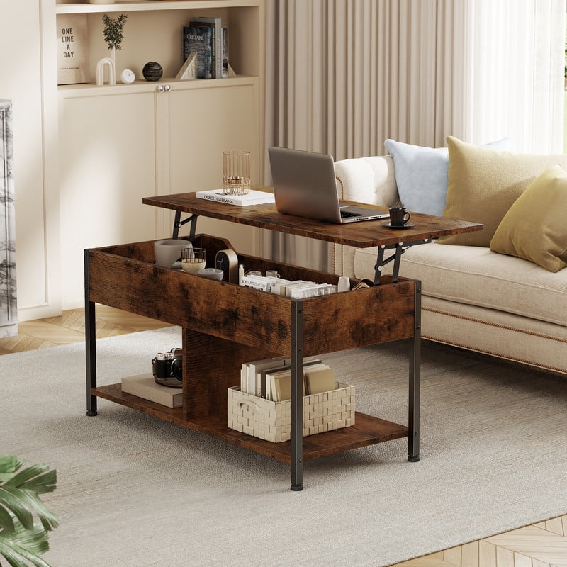 Gianna Lift Top Coffee Table with Storage 39" Center Table with Hidden Compartment & 2 Shelves Farmhouse, Wood Coffee Table for Living Room with Sturdy Lift-Top Adjustable Feet，Brown