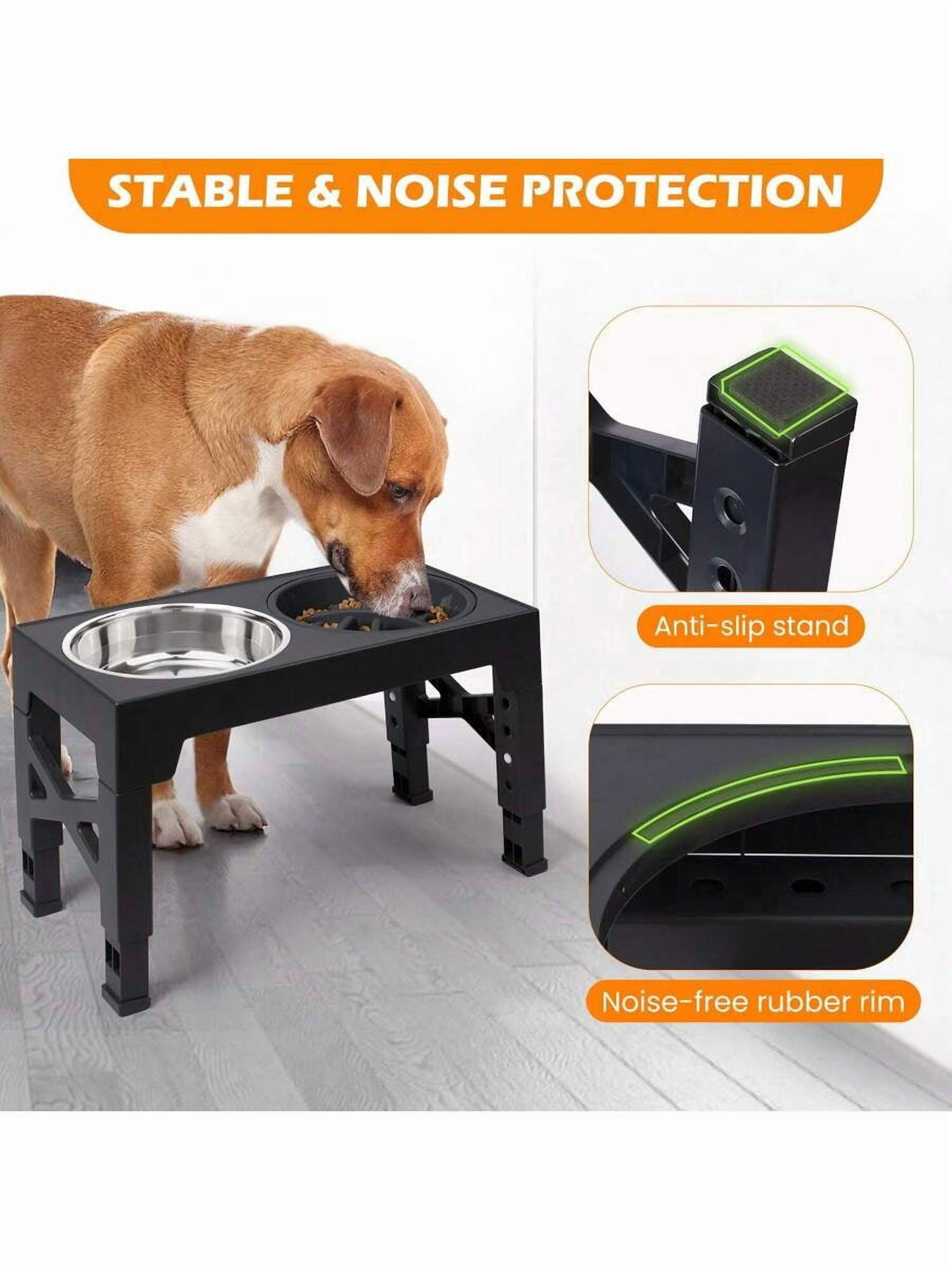5-Height Adjustable Raised Dog Bowl Set - Includes 2 Stainless Steel Bowls + 1 Slow Feeder, Anti-Choke & Slow Feeding Design, Suitable For All Dog Breeds & Cats,Easy-Clean Materials